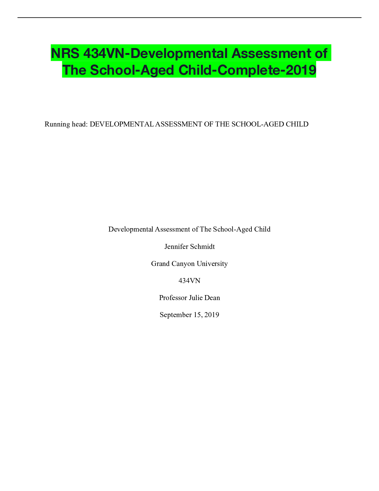 Preview of NRS 434VN-Developmental Assessment of The School-Aged Child-Complete-2019